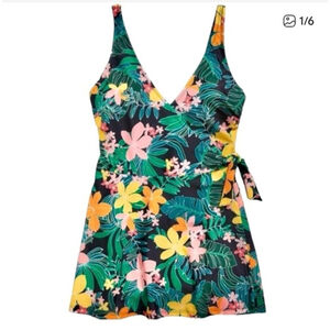 Women's Old Navy Floral Wrap One Piece Swimsuit S Black Multi-color